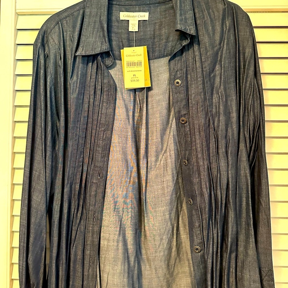 Coldwater creek PL denim colored shirt pleats in front long sleeve